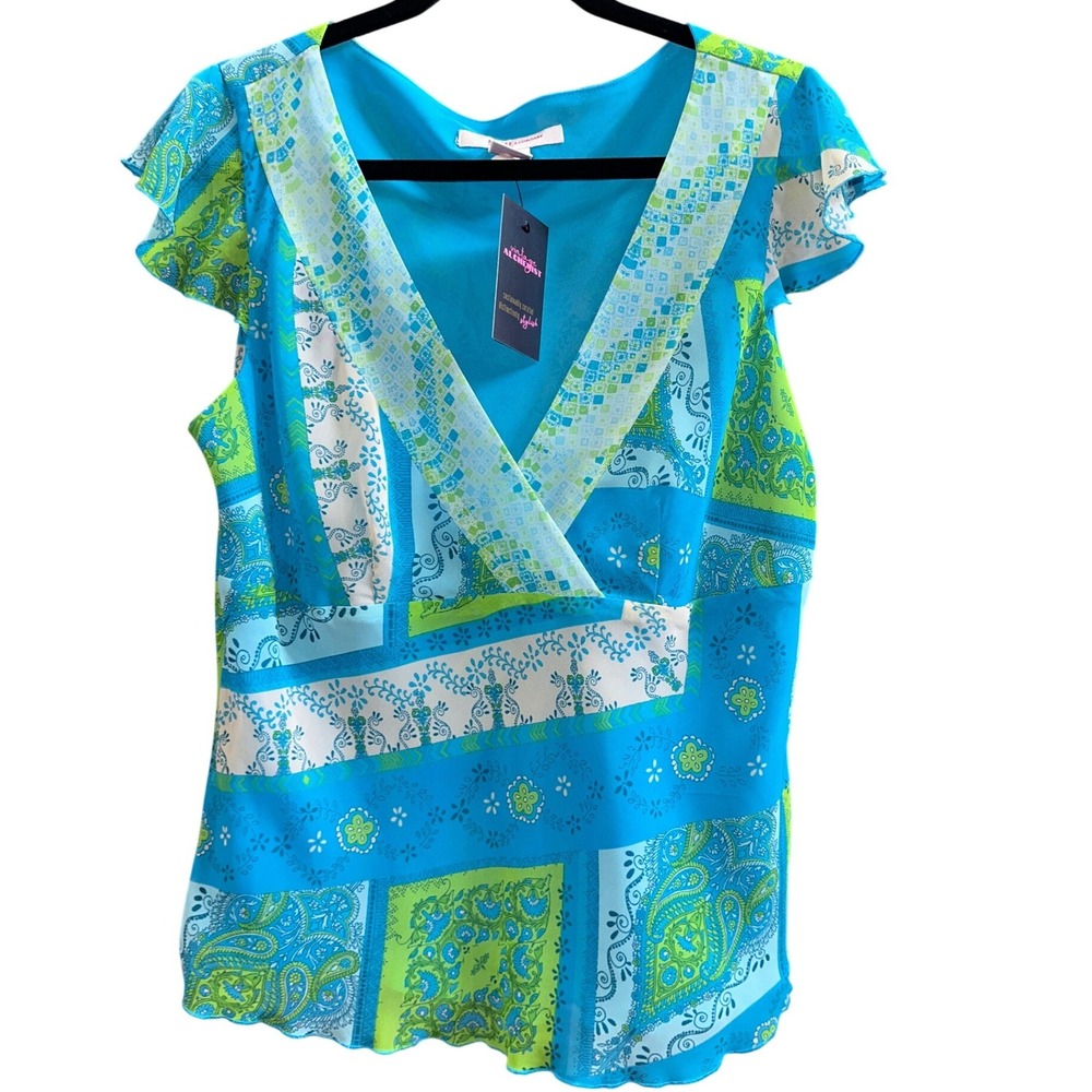 Nine & Company Nine West Y2K Blue Green Patchwork Paisley Flutter Sleeve Top 12